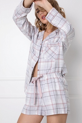 Пижама женская теплая из фланели в клетку рубашка с шортами AMALIA  Aruelle