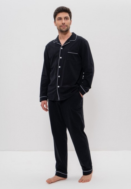 Пижама мужская хлопковая жакет на пуговицах с брюками 1128 чёрный CLEO
