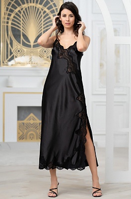 Шёлковая элегантная сорочка длинная с кружевом чёрная Аурелия 3898 Mia-Amore