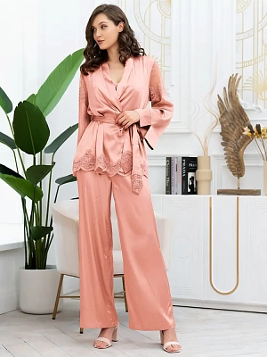 Шёлковая пижама кружевной бралетт, жакет, брюки Аурелия 3896 ч/роза Mia-Amore