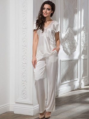 Шёлковая пижама женская блуза с брюками ИЗАБЕЛЛА 3186 молочный Mia-Amore