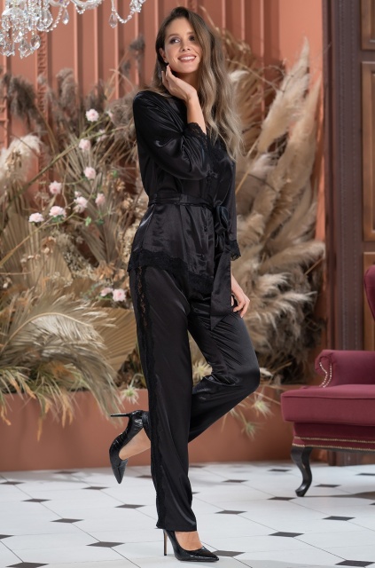 Шёлковая пижама жакет на пуговицах с брюками чёрный FRIDA 3794 Mia-Amore