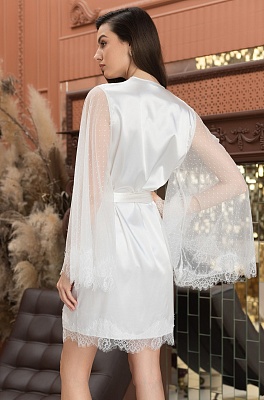 Шёлковый халат белый кружевной с широкими рукавами Виндсор 3883 Mia-Amore