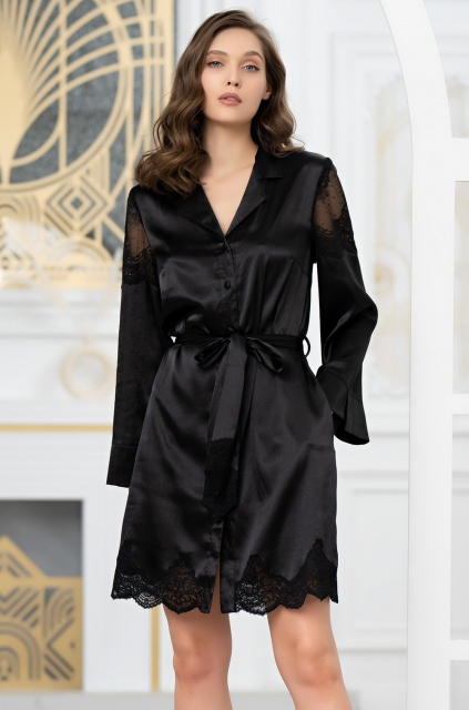 Шёлковый халат на пуговицах чёрный с кружевом Аурелия 3897 Mia-Amore