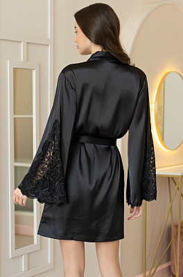 Роскошный короткий запашной халат из шёлка чёрный Марджери 3963 Mia-Amore