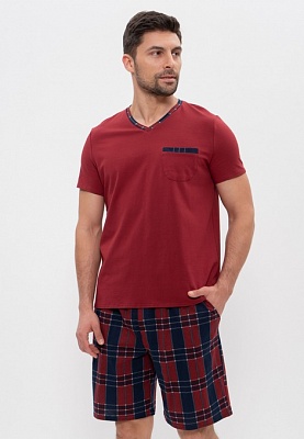 Хлопковая пижама мужская футболка с шортами бордо/син клетка 976 CLEO