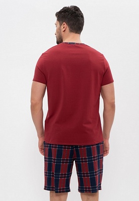 Хлопковая пижама мужская футболка с шортами бордо/син клетка 976 CLEO