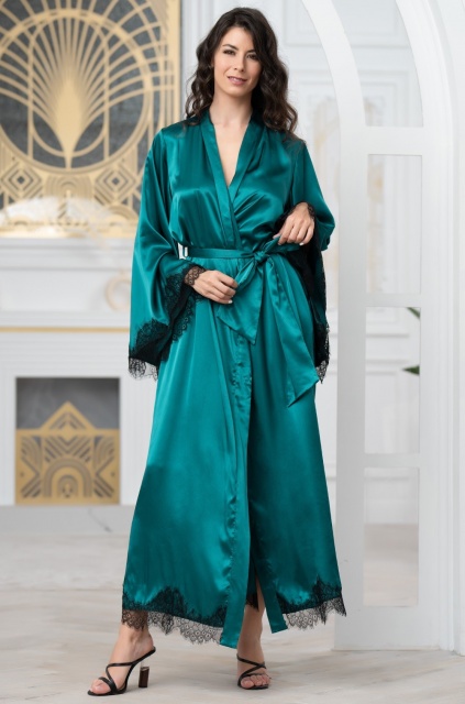 Шёлковый халат длинный с широкими рукавам  Виндсор 3889 изумруд Mia-Amore
