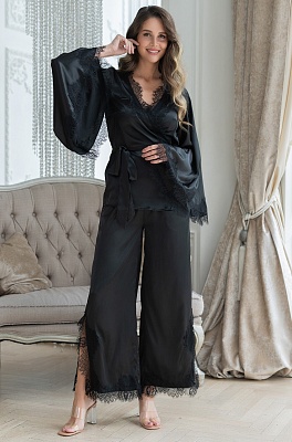 Шелковая чёрная пижама жакет запашной с брюками Виндсор 3886 Mia-Amore