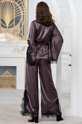 Шелковая пижама жакет запашной с брюками Виндсор 3886 баклажан Mia-Amore