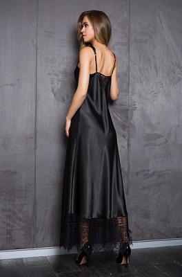 Платье длинное домашнее атласное с кружевом Evelin 17538 чёрный Mia-Mia