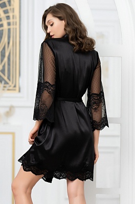 Шёлковый халат с кружевом чёрный с широкими рукавами Аурелия 3893 Mia-Amore