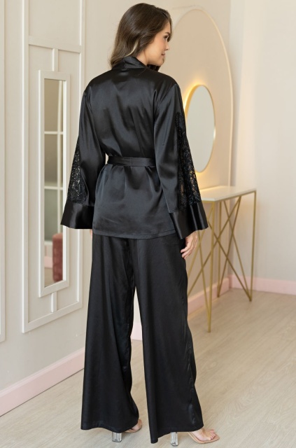 Шёлковая пижама топ брюки-палаццо и жакет Марджери чёрная 3966 Mia-Amore