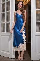 Шёлковая сорочка длинная с ажуром CHANTAL 3198 синий Mia-Amore