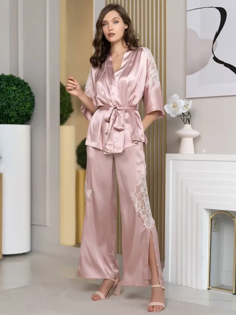 Шёлковая пижама тройка с ажуром и широкими брюками 3916 пудра Mia-Amore