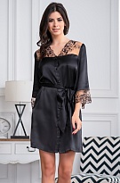 Шёлковый халат на пуговицах с кружевом AMANDA Аманда 3637 чёрный Mia-Amore  Шёлковый халат на пуговицах с кружевом AMANDA Аманда 3637 чёрный Mia-Amore