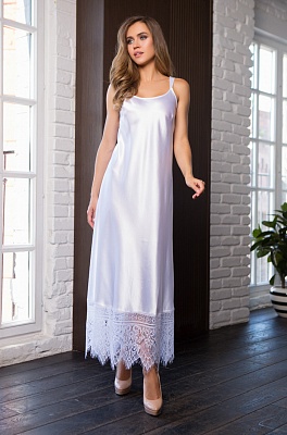 Платье длинное домашнее атласное с кружевом Evelin 17538 белый Mia-Mia