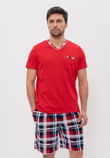 Хлопковая пижама мужская футболка с шортами красный 976 CLEO