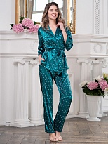 Пижама женская атласная жакет топ брюки Клевер 8946 изумруд Mia-Amore