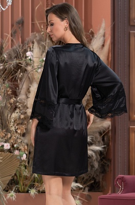 Шёлковый халат женский короткий запашной чёрный 3793 FRIDA Mia-Amore