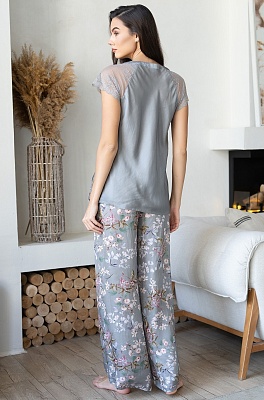 Шёлковая пижама топ с коротким рукавом и широкие брюки Амели 5046/с Mia-Amore