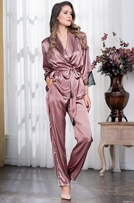 Пижама шёлковая женская жакет топ брюки Оливия 3645 роза Mia-Amore